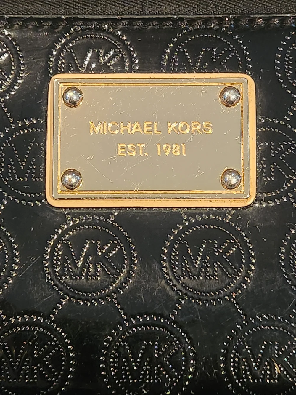 MICHAEL KORS Black Patent Leather MK Signature Logo Zip-Around Wallet Clutch